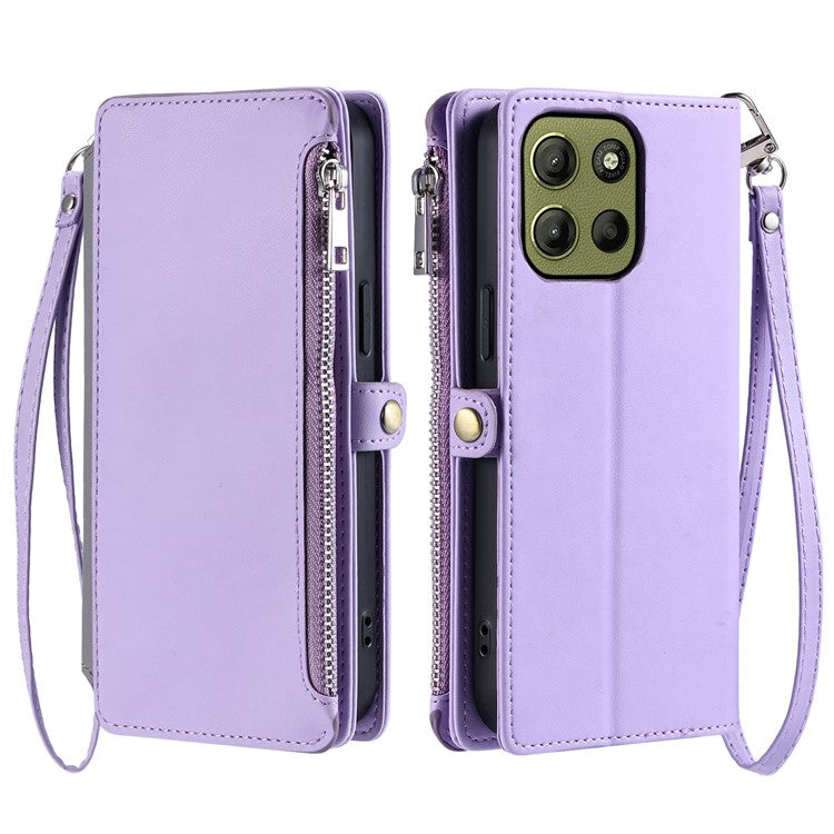015 Style For Motorola Moto G15 4G Case TPU+PU Leather Wallet Phone Cover with Straps - Purple