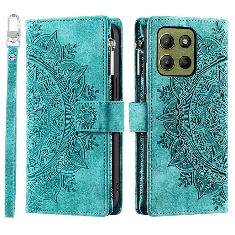 Style 006 For Motorola Moto G15 4G Wallet Case PU Leather Phone Cover Mandala Flower Pattern - Mint Green