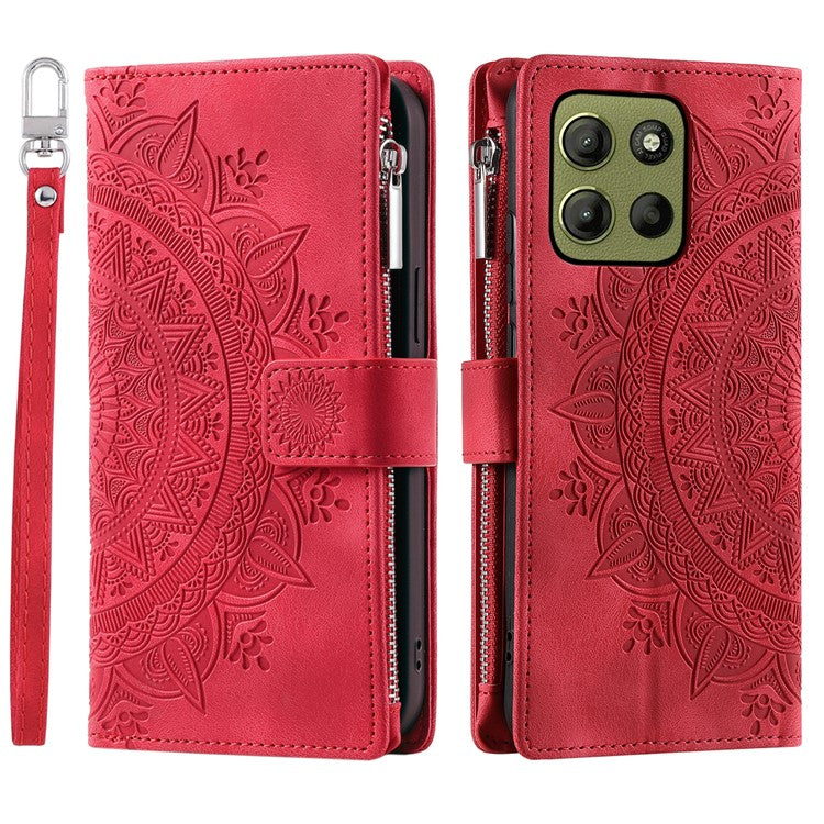 Style 006 For Motorola Moto G15 4G Wallet Case PU Leather Phone Cover Mandala Flower Pattern - Red