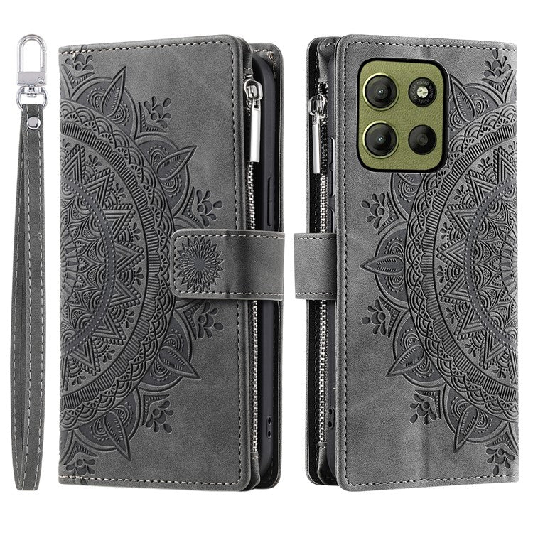 Style 006 For Motorola Moto G15 4G Wallet Case PU Leather Phone Cover Mandala Flower Pattern - Grey