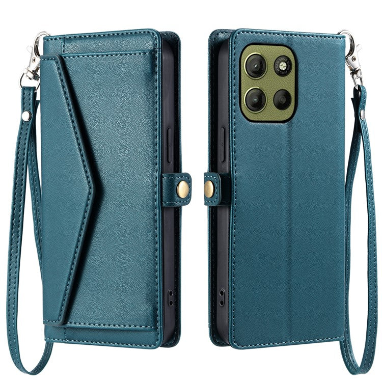 For Motorola Moto G15 4G Leather Case Wallet Stand Phone Cover with Straps - Blackish Green