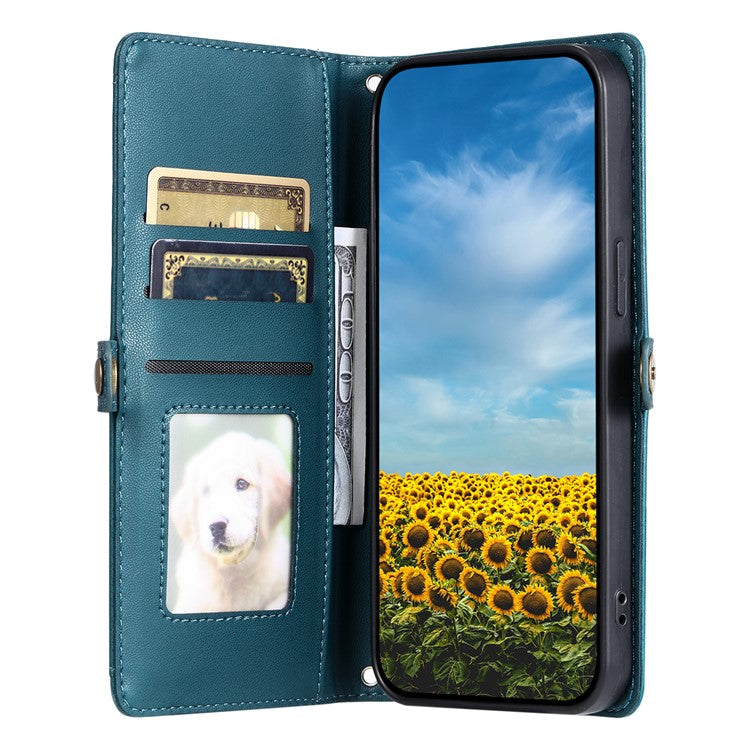 For Motorola Moto G15 4G Leather Case Wallet Stand Phone Cover with Straps - Blackish Green
