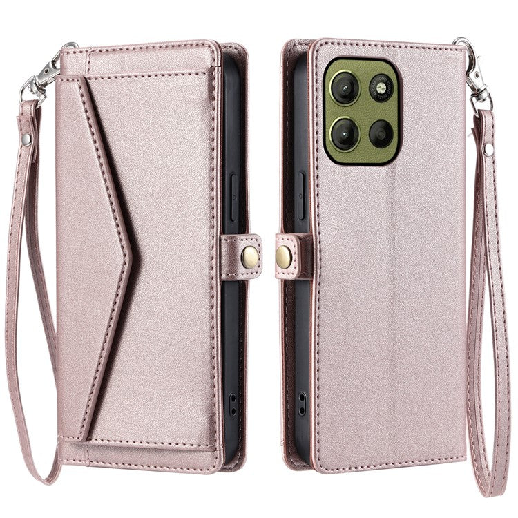 For Motorola Moto G15 4G Leather Case Wallet Stand Phone Cover with Straps - Rose Gold
