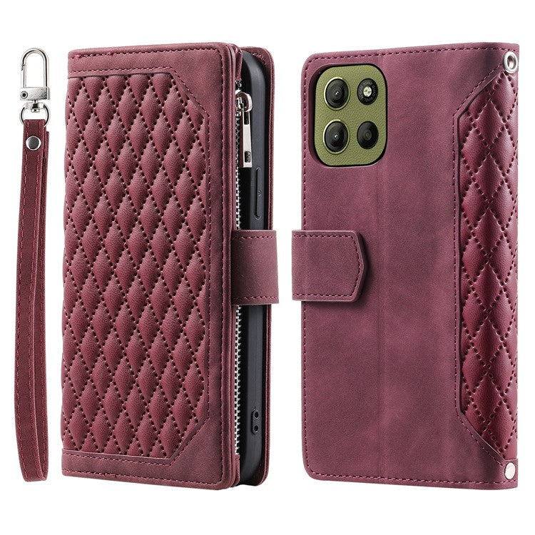 Style 005 For Motorola Moto G15 4G Wallet Case Rhombus Stitching Line PU Leather Phone Cover - Wine Red