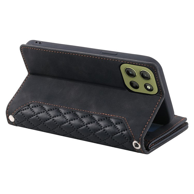 Style 005 For Motorola Moto G15 4G Wallet Case Rhombus Stitching Line PU Leather Phone Cover - Black