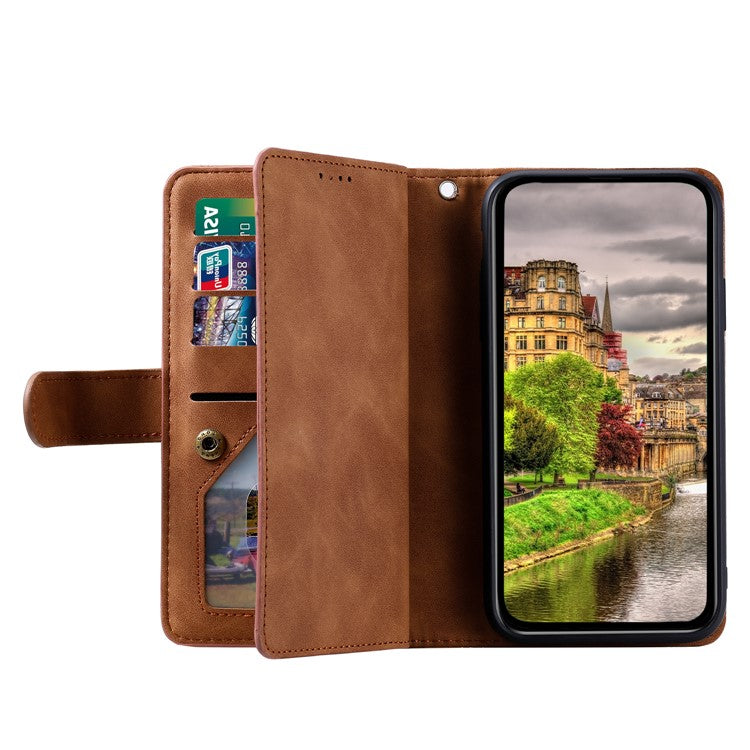 For Motorola Moto G15 4G Case PU Leather Phone Cover with Zipper Wallet 9 Card Slots - Brown