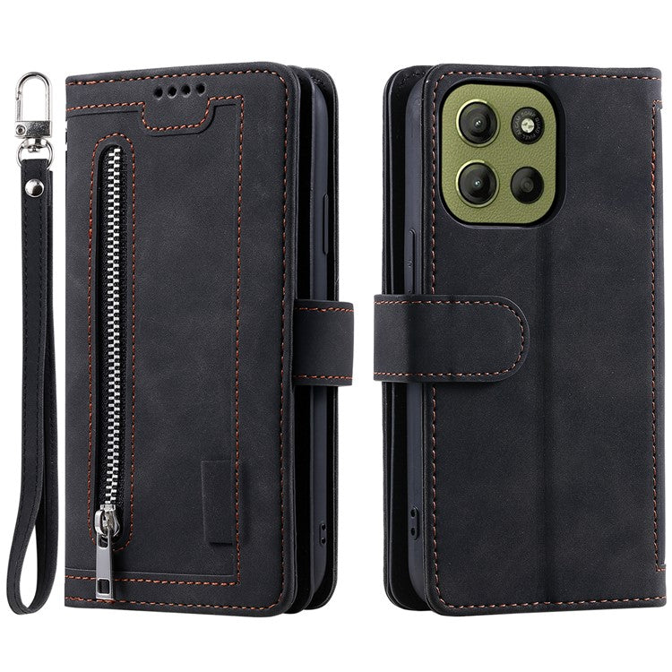 For Motorola Moto G15 4G Case PU Leather Phone Cover with Zipper Wallet 9 Card Slots - Black