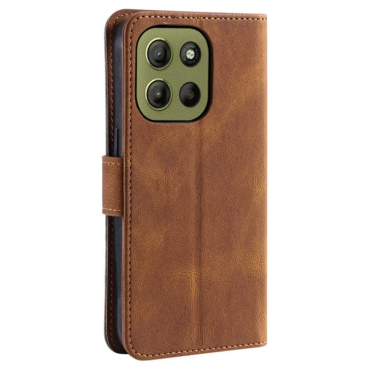 For Motorola Moto G15 4G Leather Case Splicing Stitching Wallet Stand Phone Cover with Strap - Brown