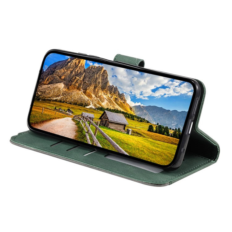 For Motorola Moto G15 4G Leather Case Splicing Stitching Wallet Stand Phone Cover with Strap - Green