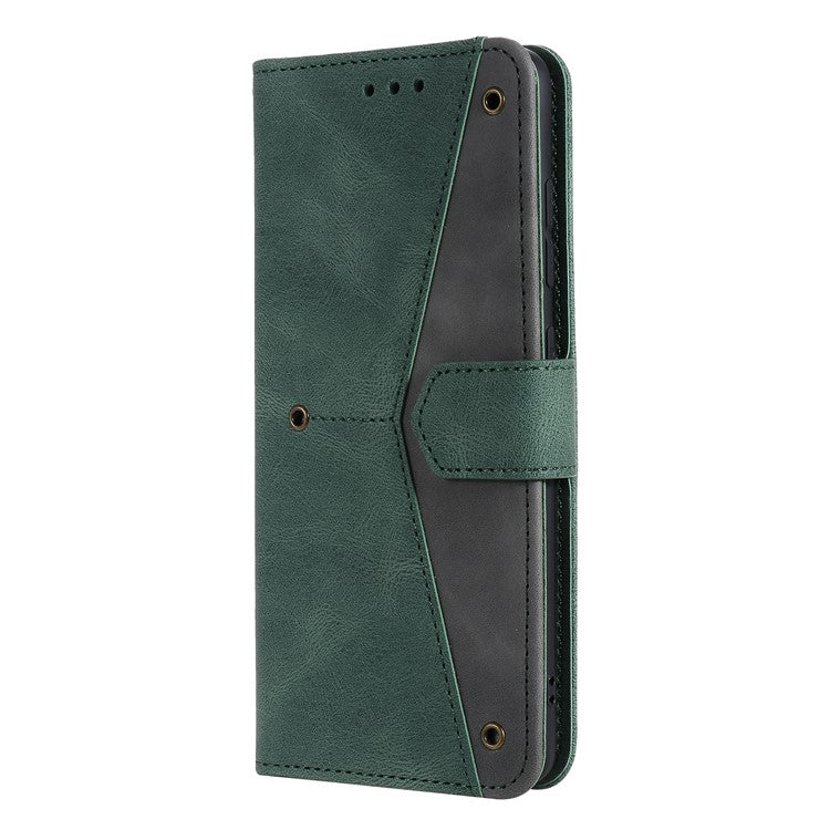 For Motorola Moto G15 4G Leather Case Splicing Stitching Wallet Stand Phone Cover with Strap - Green
