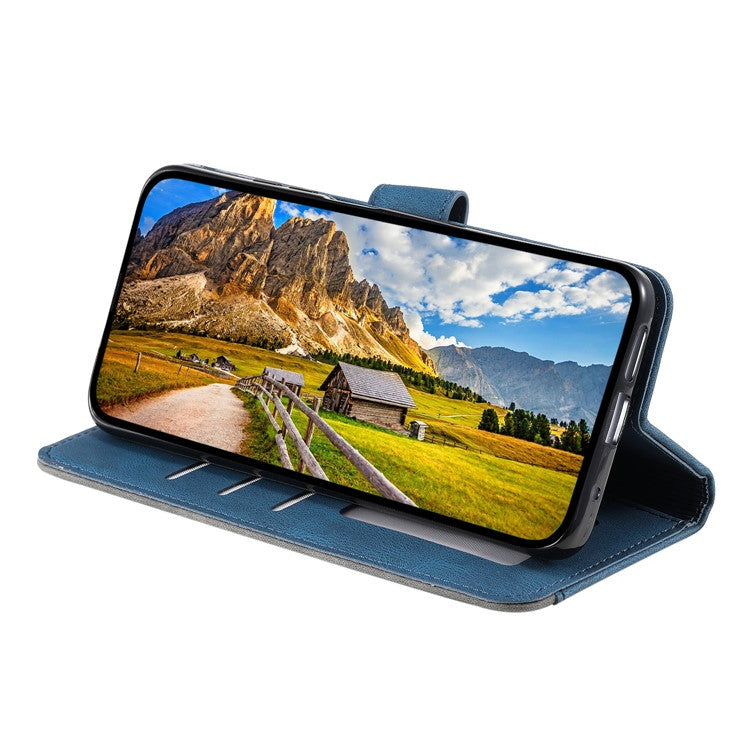 For Motorola Moto G15 4G Leather Case Splicing Stitching Wallet Stand Phone Cover with Strap - Blue