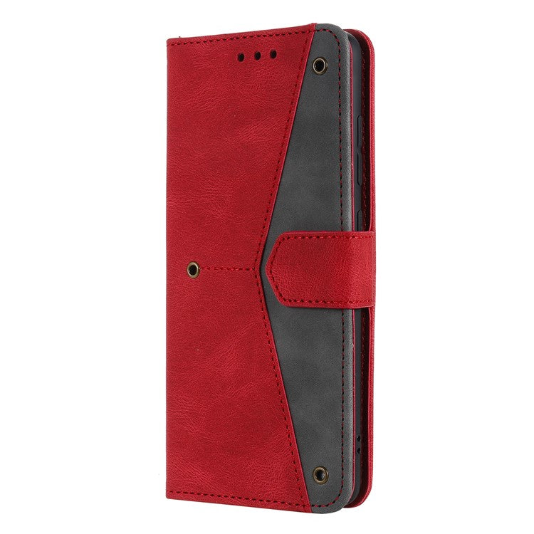 For Motorola Moto G15 4G Leather Case Splicing Stitching Wallet Stand Phone Cover with Strap - Red