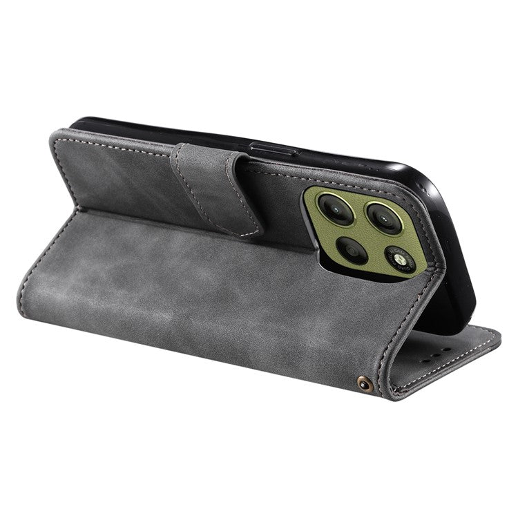 For Motorola Moto G15 4G Leather Case Splicing Stitching Wallet Stand Phone Cover with Strap - Grey