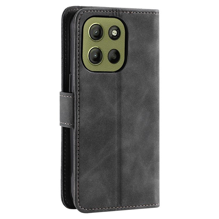 For Motorola Moto G15 4G Leather Case Splicing Stitching Wallet Stand Phone Cover with Strap - Grey