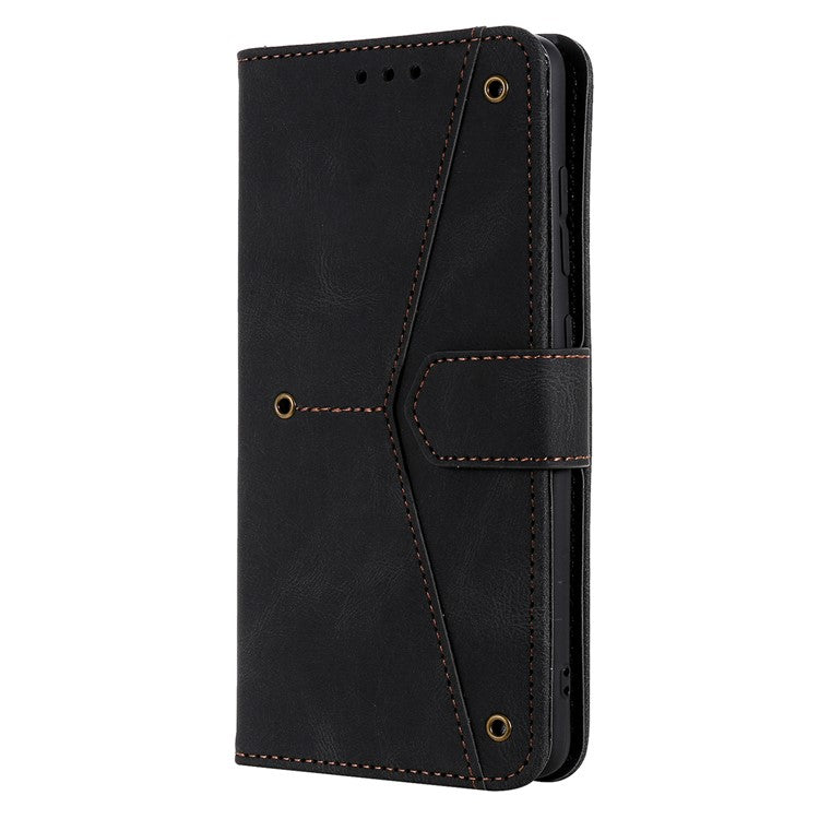 For Motorola Moto G15 4G Leather Case Splicing Stitching Wallet Stand Phone Cover with Strap - Black