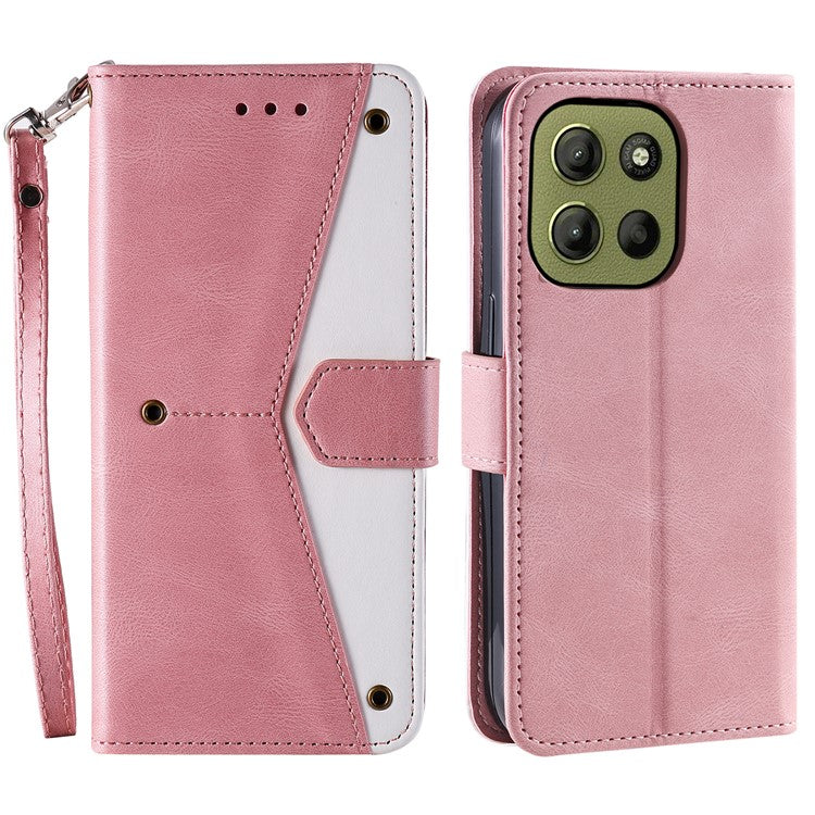 For Motorola Moto G15 4G Leather Case Splicing Stitching Wallet Stand Phone Cover with Strap - Rose Gold