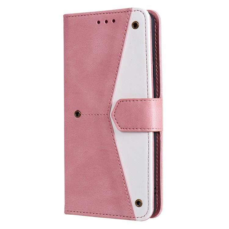 For Motorola Moto G15 4G Leather Case Splicing Stitching Wallet Stand Phone Cover with Strap - Rose Gold