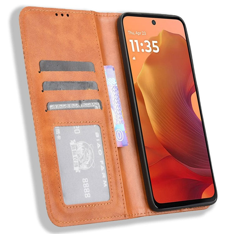 For Motorola Moto G15 4G / G15 Power 4G Leather Case Wallet Stand Retro Texture Phone Cover - Brown