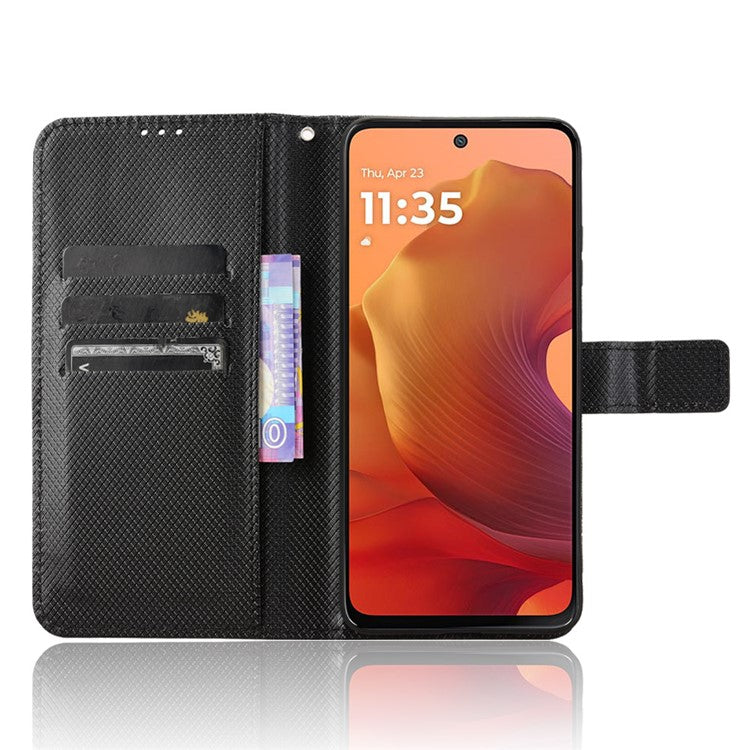 For Motorola Moto G15 4G / G15 Power 4G Case PU Leather Diamond Texture Wallet Phone Cover - Black