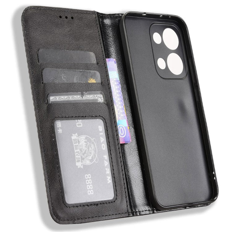 For Oppo Reno13 5G (Global) Leather Case Wallet Stand Retro Texture Phone Cover - Black