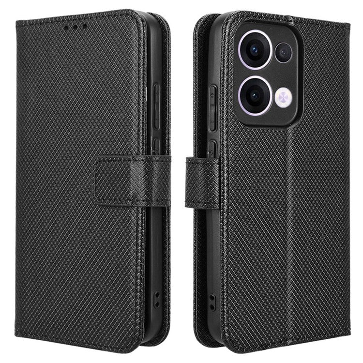 For Oppo Reno13 5G (Global) Case PU Leather Diamond Texture Wallet Phone Cover - Black