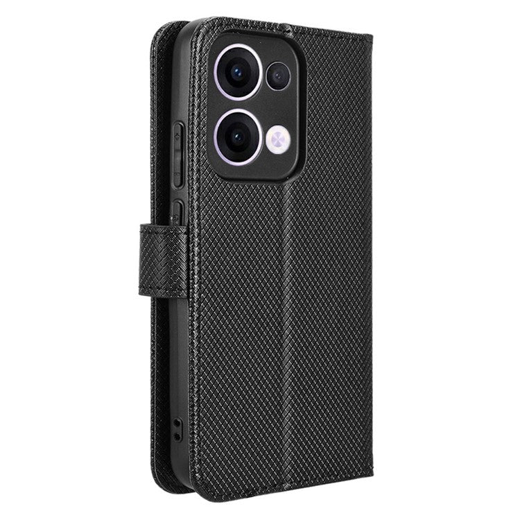 For Oppo Reno13 5G (Global) Case PU Leather Diamond Texture Wallet Phone Cover - Black
