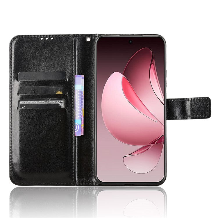 For Oppo Reno13 Pro 5G Case Crazy Horse Texture PU Leather Phone Wallet Cover - Black