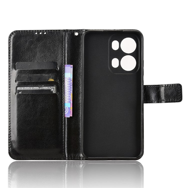 For Oppo Reno13 Pro 5G Case Crazy Horse Texture PU Leather Phone Wallet Cover - Black