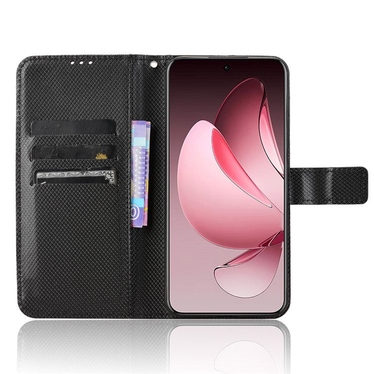 For Oppo Reno13 Pro 5G Case PU Leather Diamond Texture Wallet Phone Cover - Black