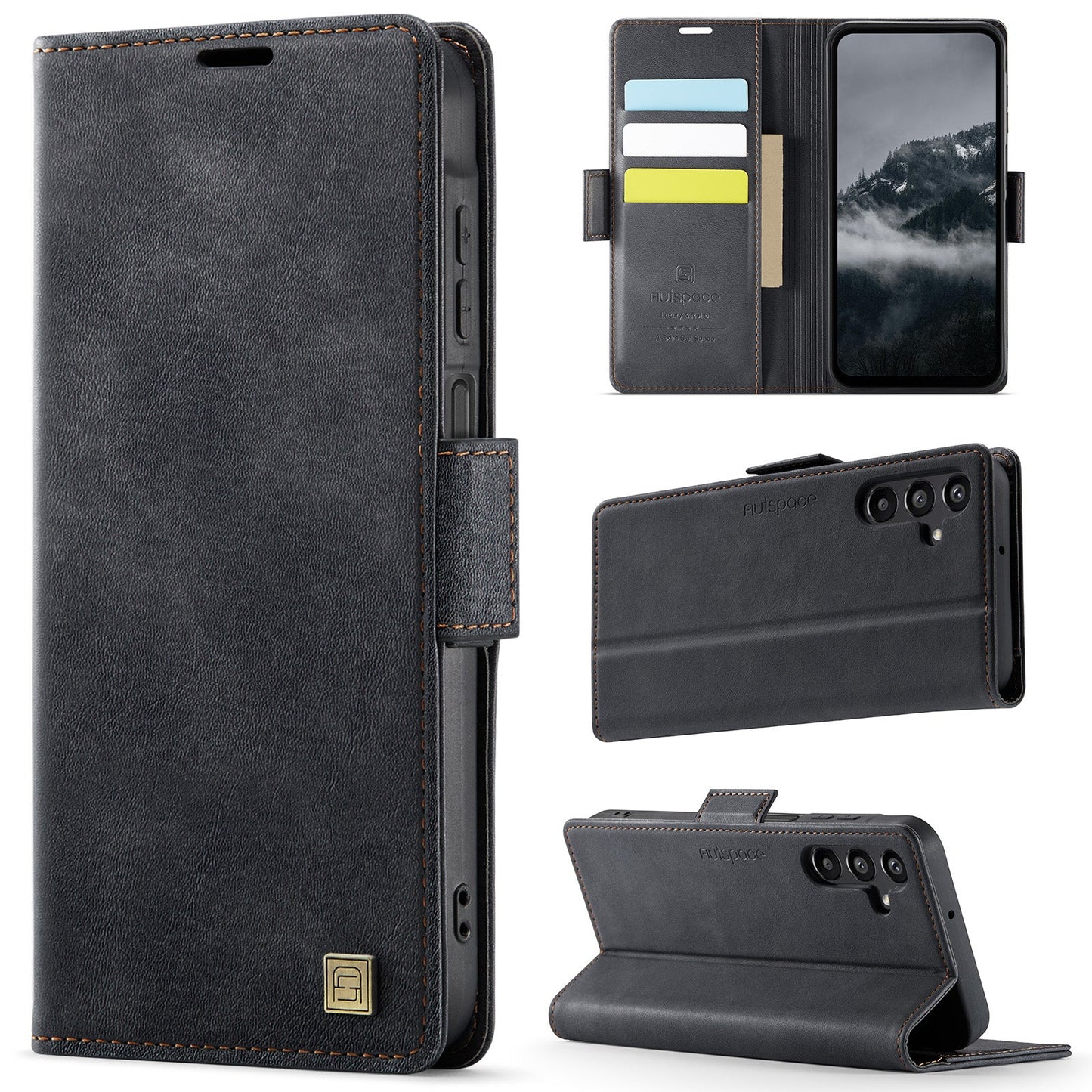 For Samsung Galaxy A14 4G / Galaxy A14 5G Case AUTSPACE A11 RFID Blocking Retro Leather Cell Phone Wallet Cover - Black