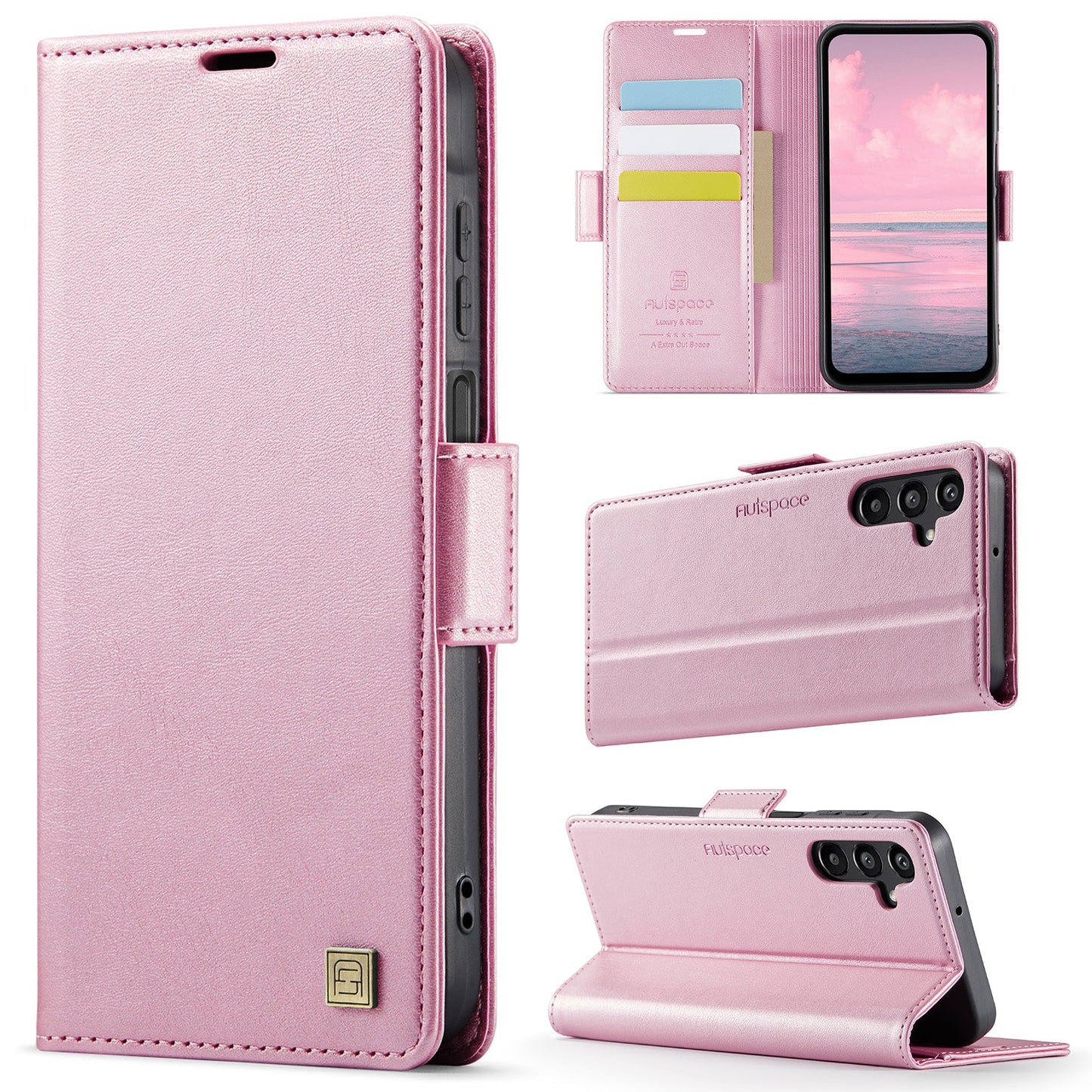 For Samsung Galaxy A15 4G / Galaxy A15 5G Case AUTSPACE A11 RFID Blocking Retro Leather Cell Phone Wallet Cover - Pink