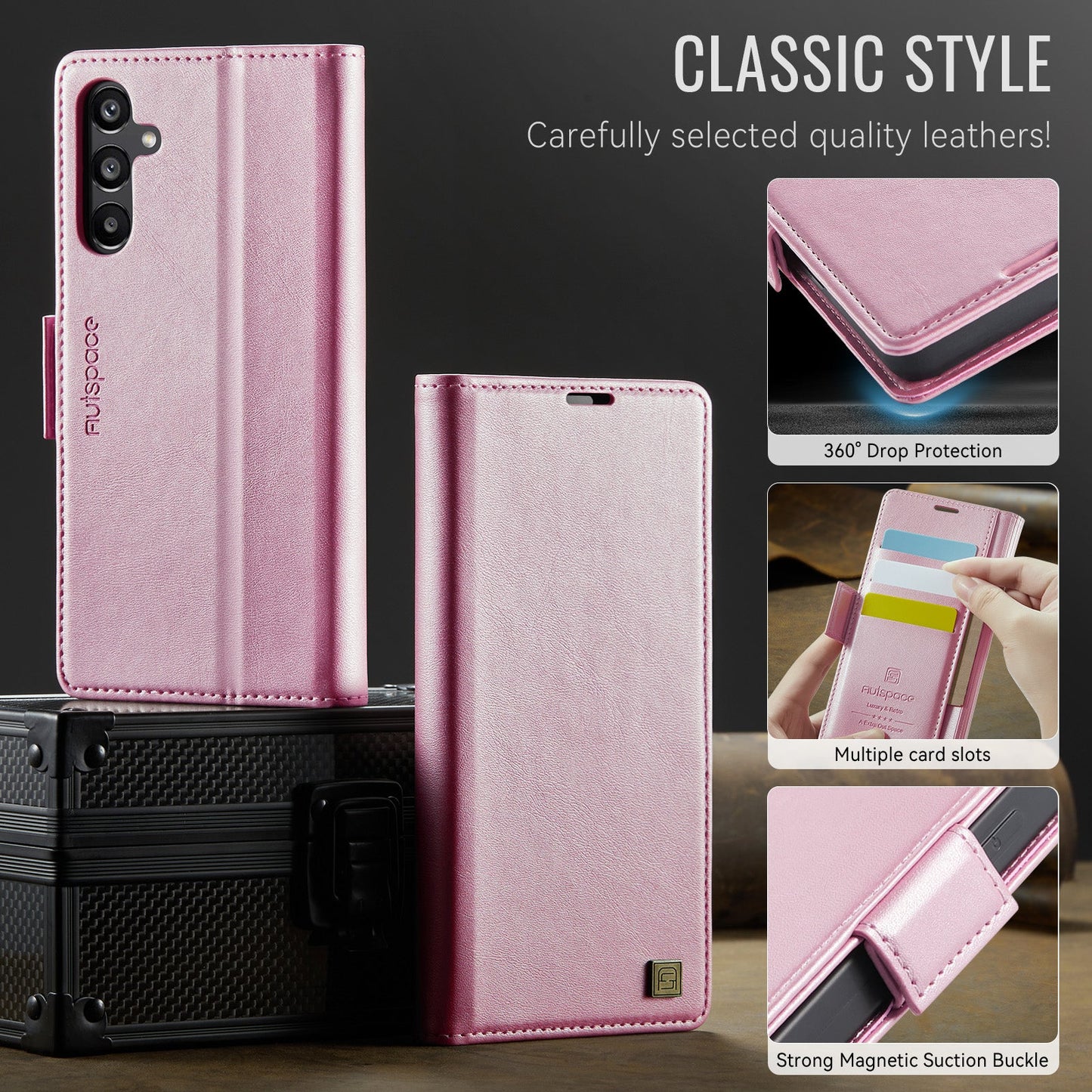 For Samsung Galaxy A15 4G / Galaxy A15 5G Case AUTSPACE A11 RFID Blocking Retro Leather Cell Phone Wallet Cover - Pink