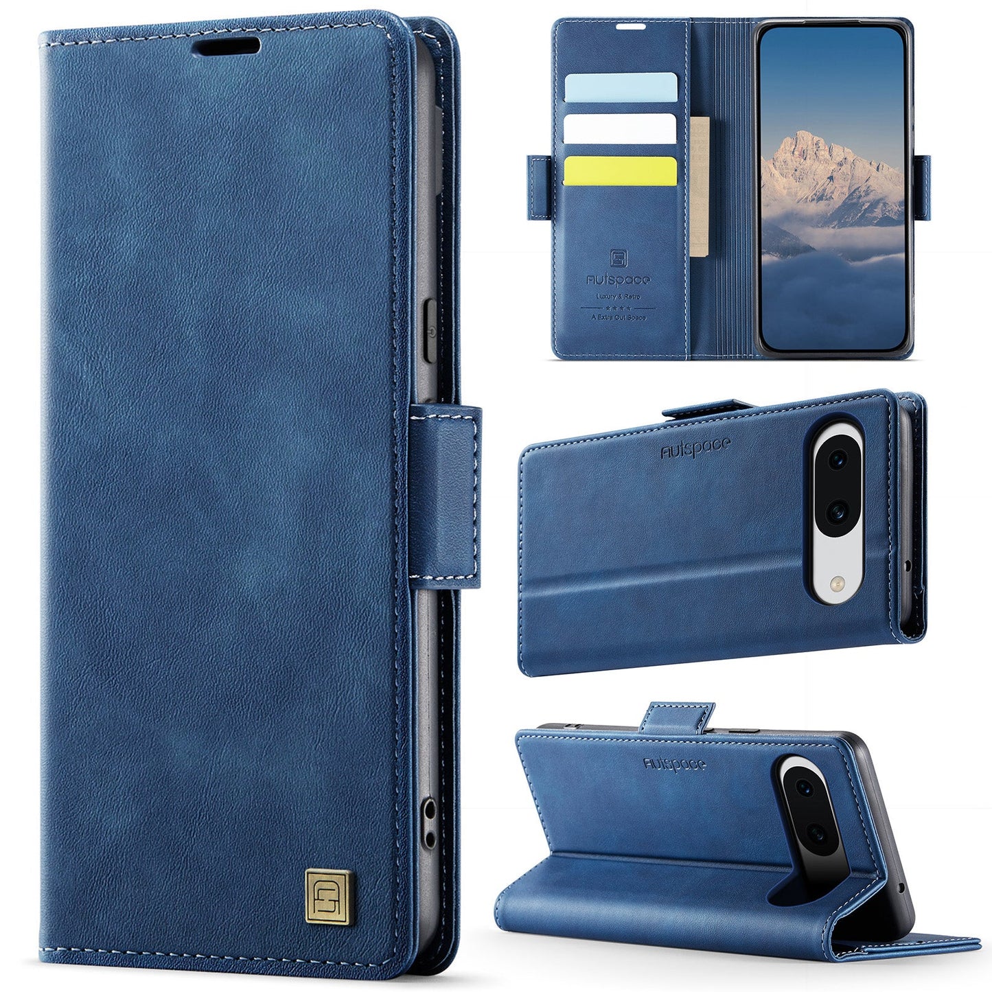 For Google Pixel 8a Case AUTSPACE A11 RFID Blocking Retro Leather Cell Phone Wallet Cover - Blue