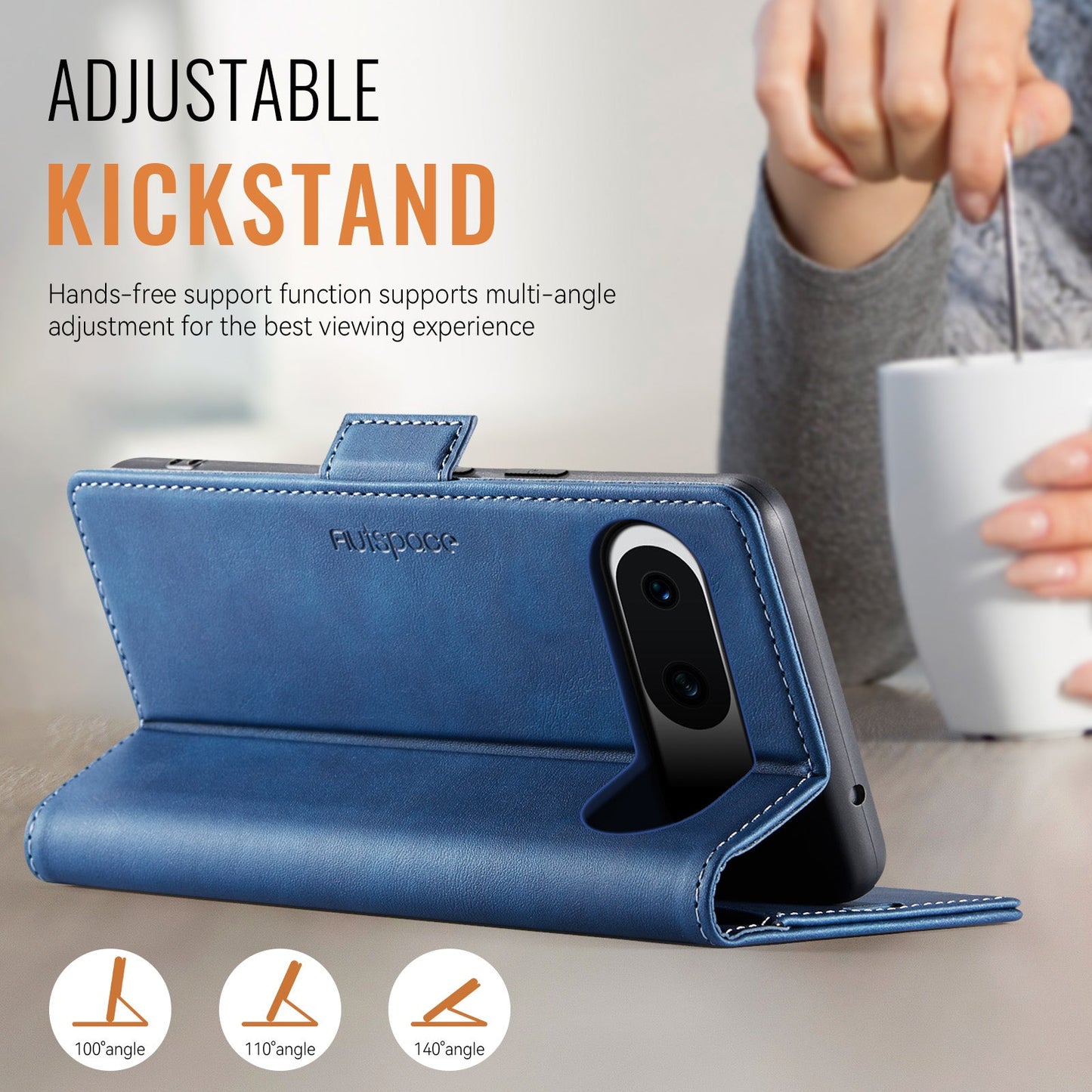 For Google Pixel 8a Case AUTSPACE A11 RFID Blocking Retro Leather Cell Phone Wallet Cover - Blue