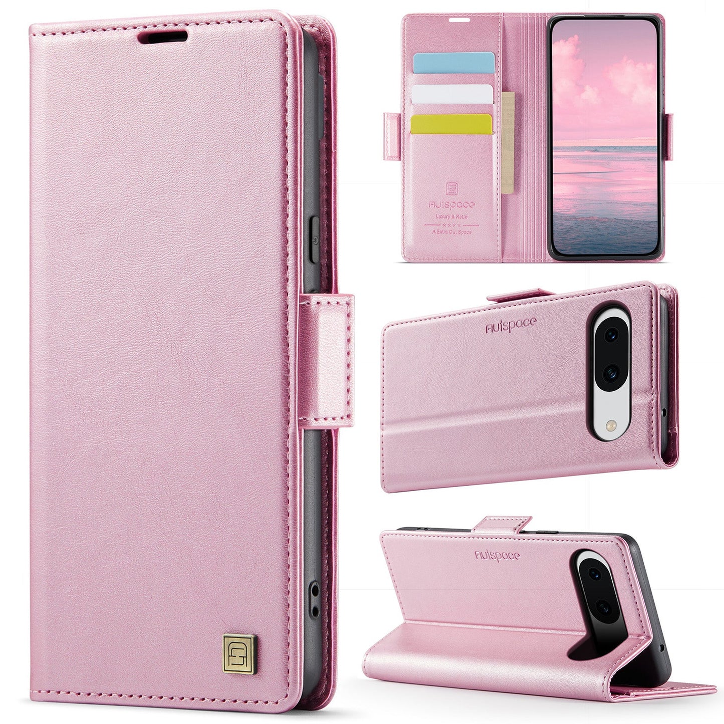 For Google Pixel 8a Case AUTSPACE A11 RFID Blocking Retro Leather Cell Phone Wallet Cover - Pink