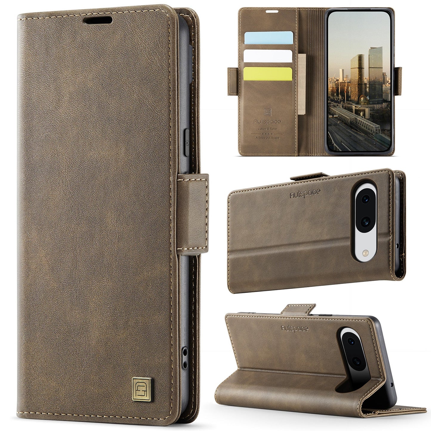 For Google Pixel 8a Case AUTSPACE A11 RFID Blocking Retro Leather Cell Phone Wallet Cover - Brown