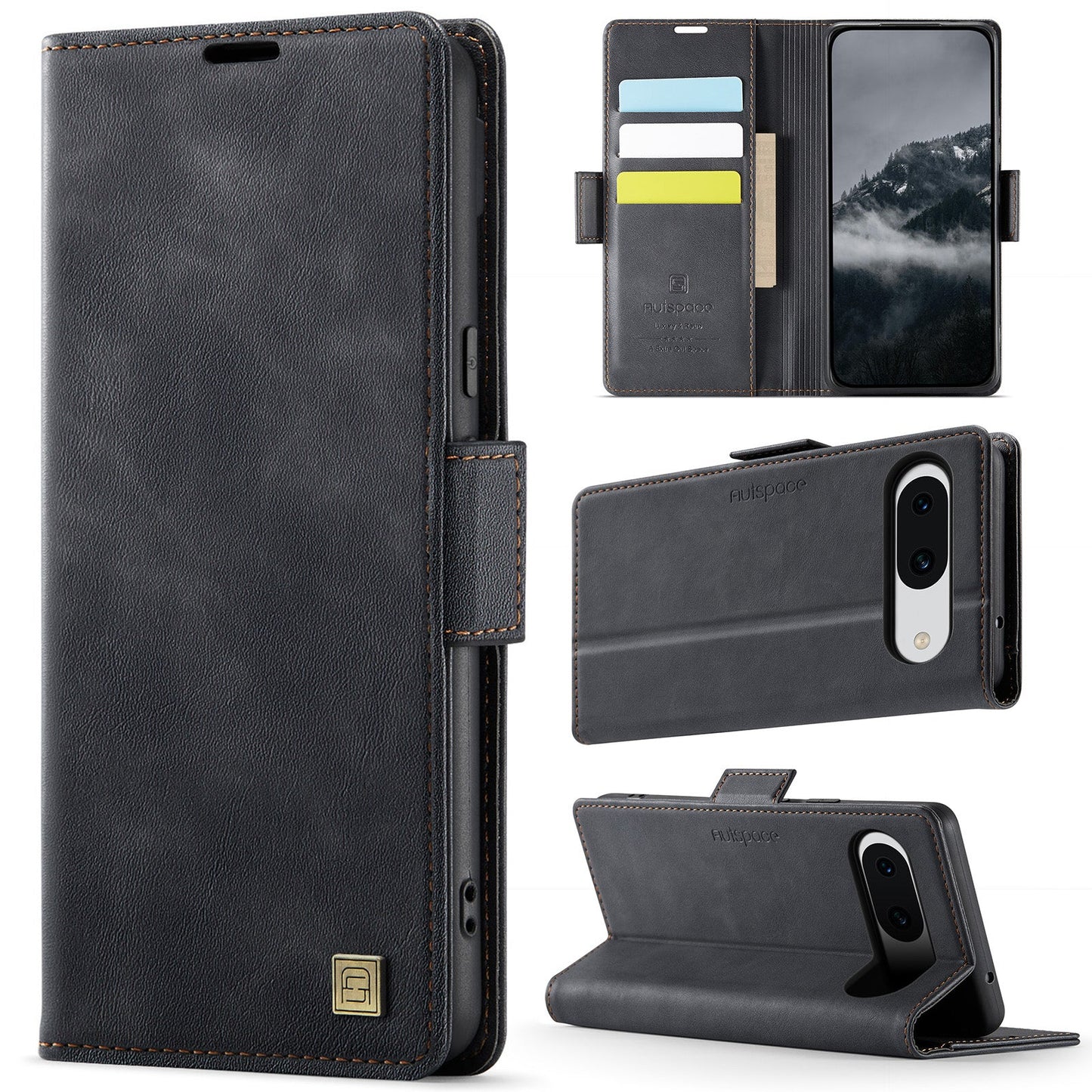 For Google Pixel 8 Case AUTSPACE A11 RFID Blocking Retro Leather Cell Phone Wallet Cover - Black