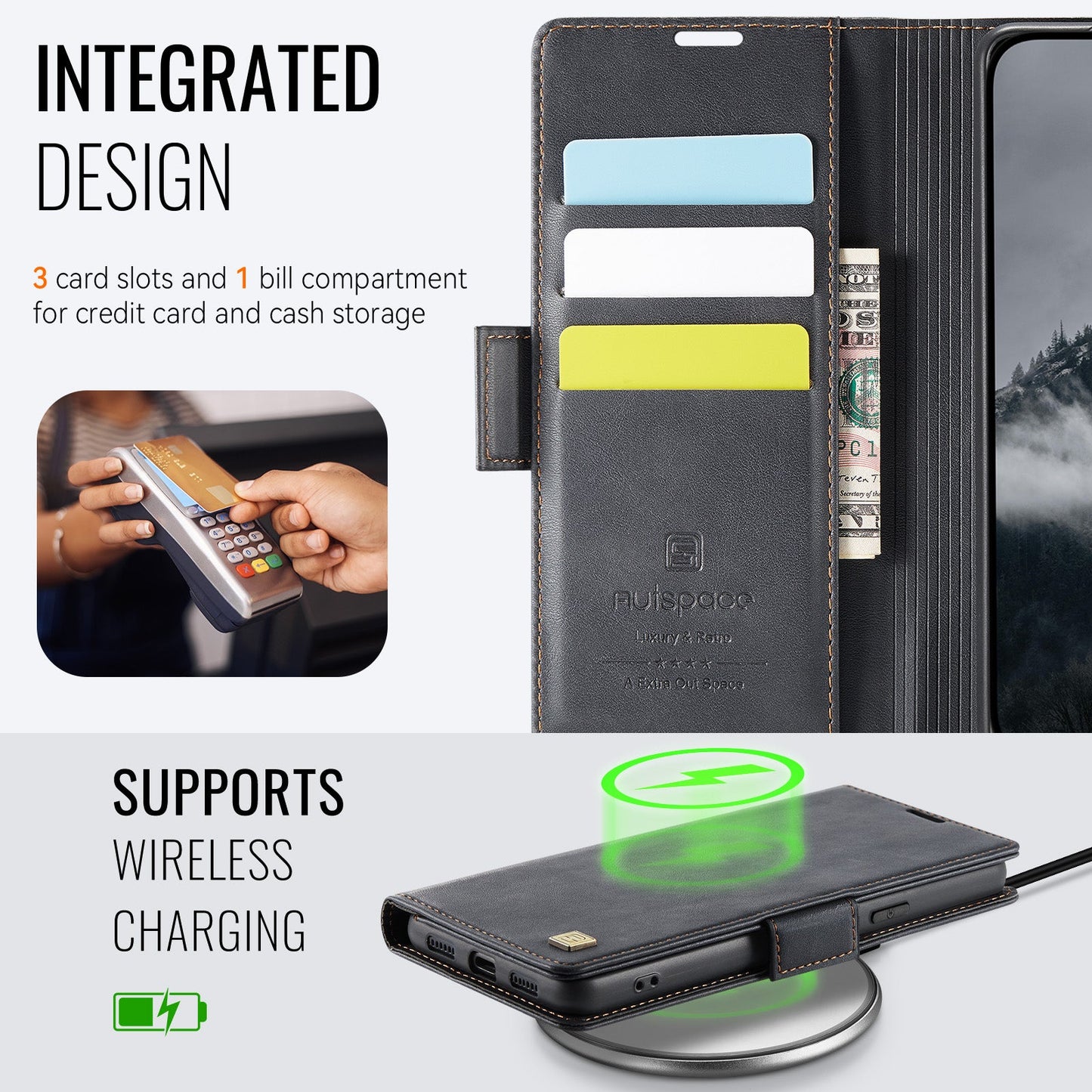 For Google Pixel 8 Case AUTSPACE A11 RFID Blocking Retro Leather Cell Phone Wallet Cover - Black