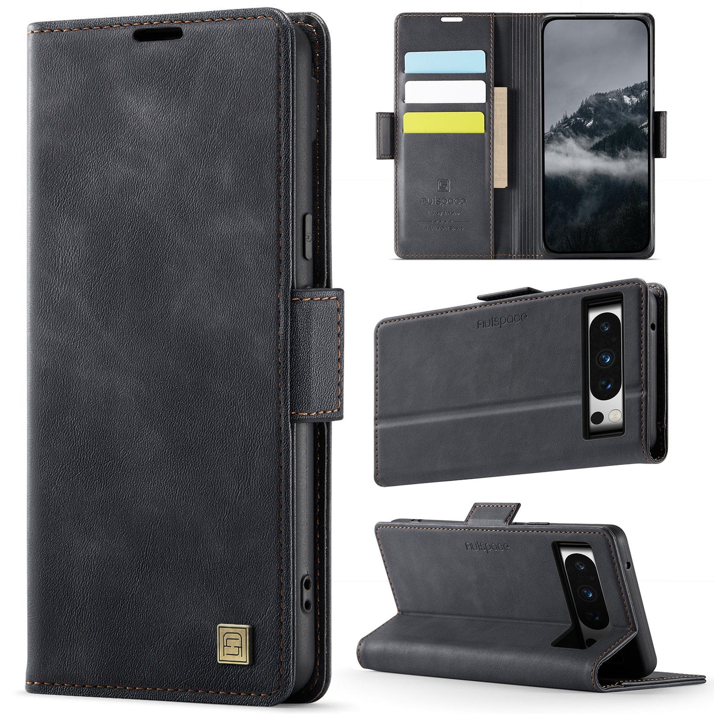 For Google Pixel 8 Pro Case AUTSPACE A11 RFID Blocking Retro Leather Cell Phone Wallet Cover - Black