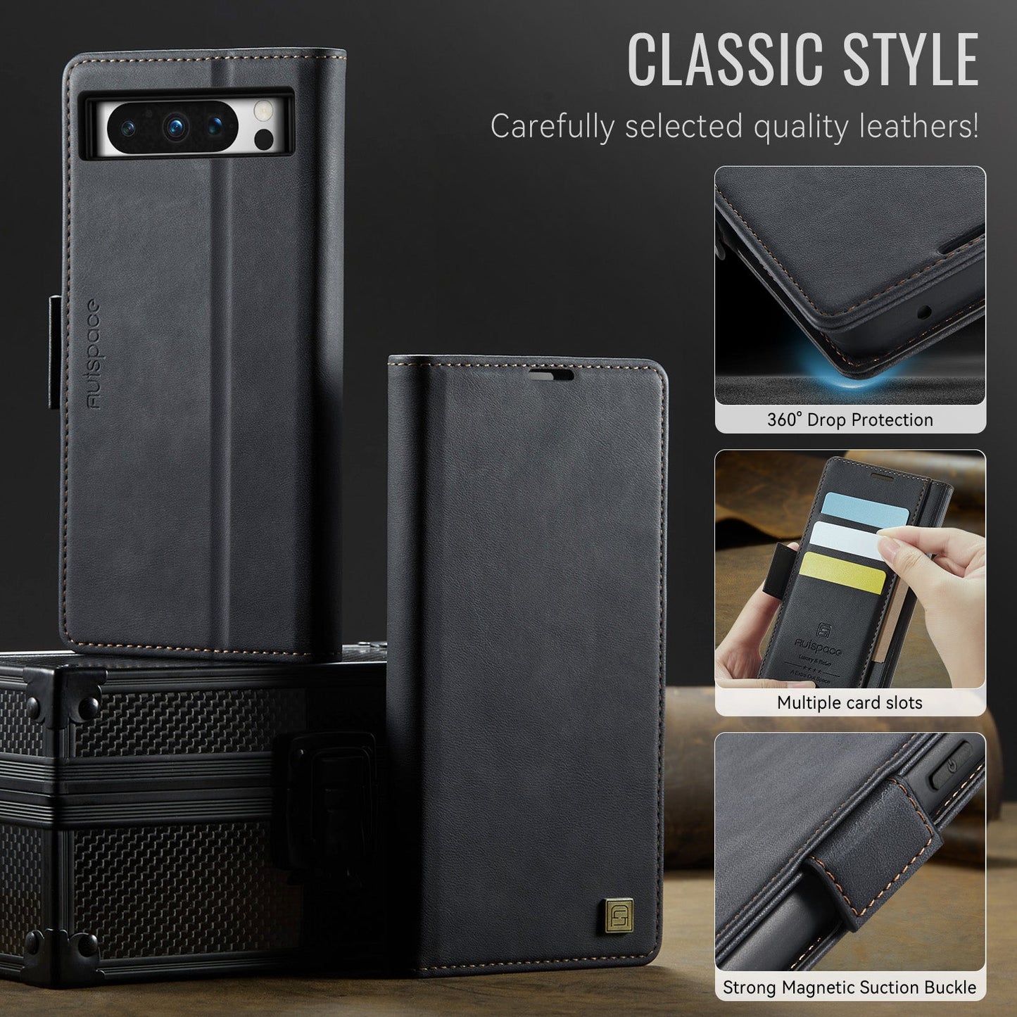 For Google Pixel 8 Pro Case AUTSPACE A11 RFID Blocking Retro Leather Cell Phone Wallet Cover - Black