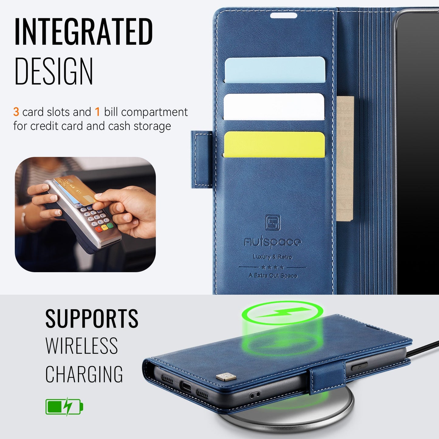 For Google Pixel 8 Pro Case AUTSPACE A11 RFID Blocking Retro Leather Cell Phone Wallet Cover - Blue