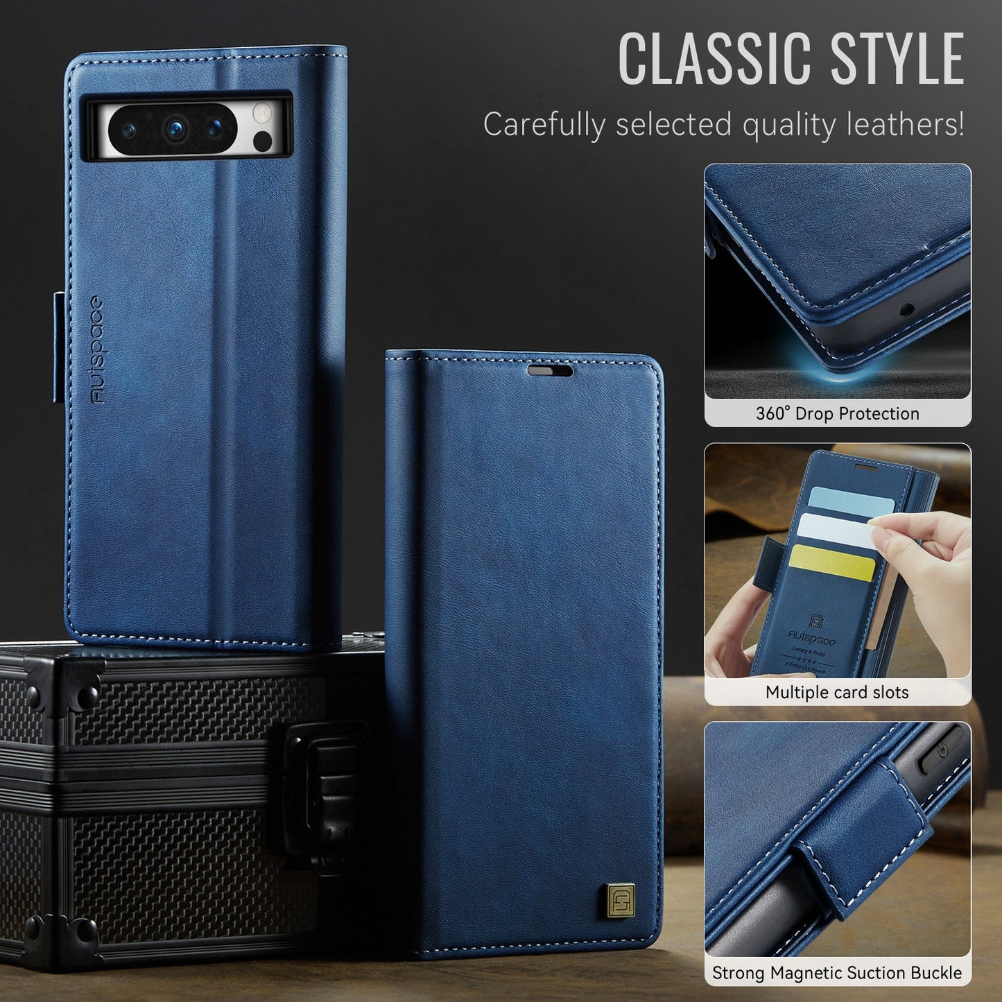 For Google Pixel 8 Pro Case AUTSPACE A11 RFID Blocking Retro Leather Cell Phone Wallet Cover - Blue