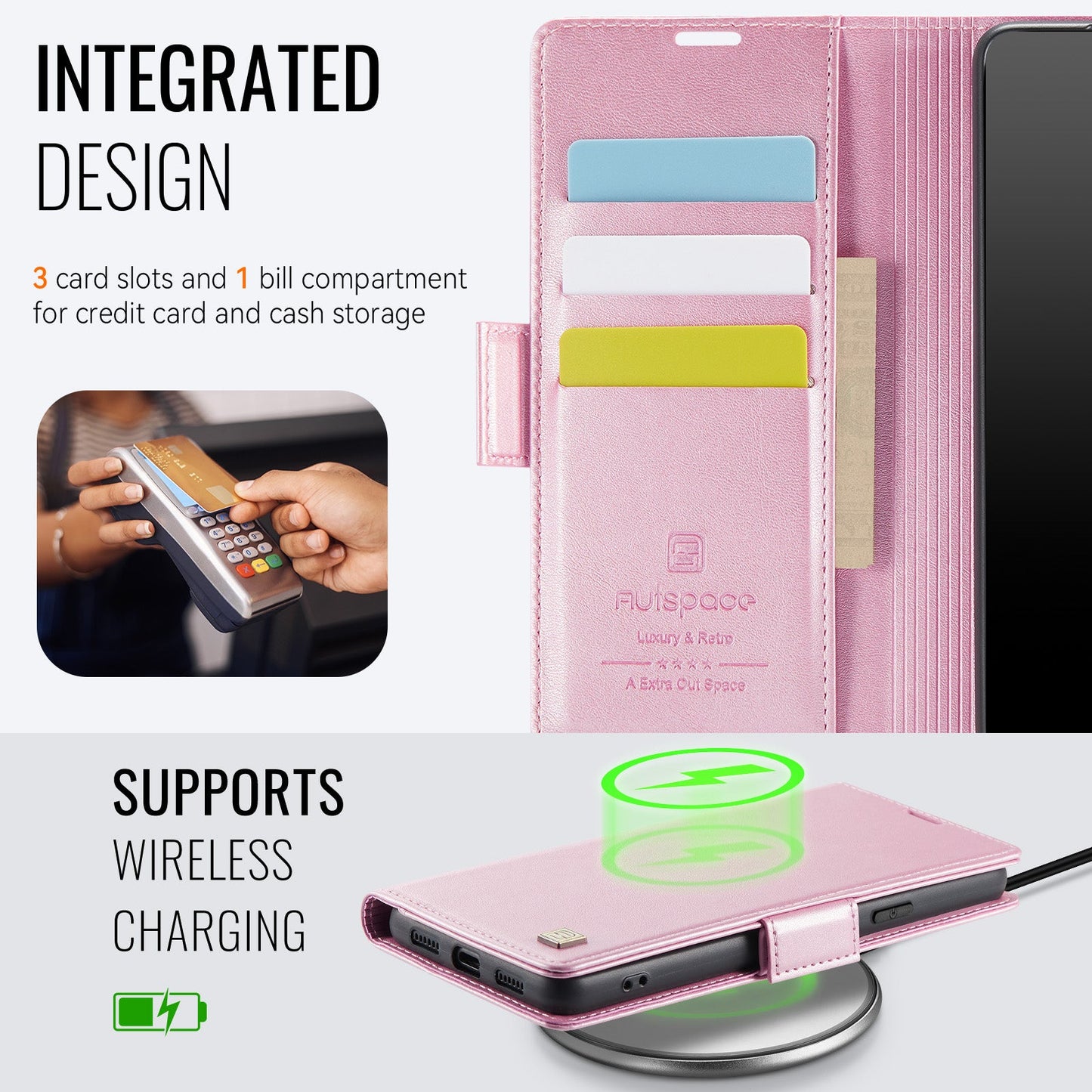 For Google Pixel 8 Pro Case AUTSPACE A11 RFID Blocking Retro Leather Cell Phone Wallet Cover - Pink