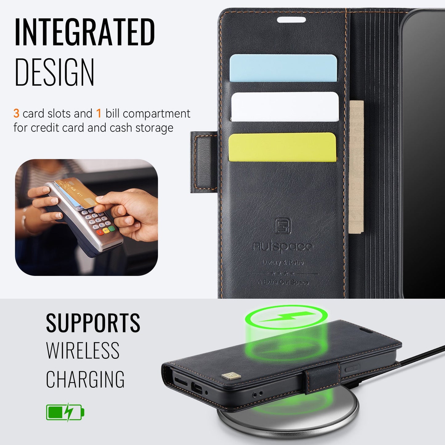 For Google Pixel 9 Pro / Google Pixel 9 Case AUTSPACE A11 RFID Blocking Retro Leather Cell Phone Wallet Cover - Black