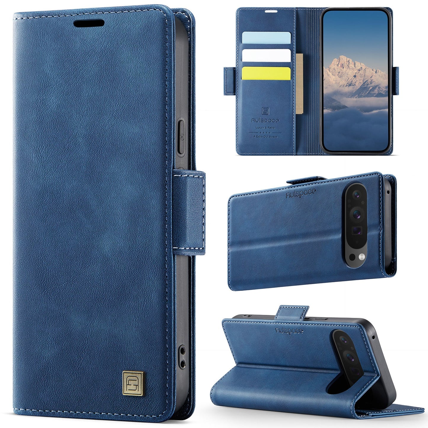 For Google Pixel 9 Pro XL Case AUTSPACE A11 RFID Blocking Retro Leather Cell Phone Wallet Cover - Blue