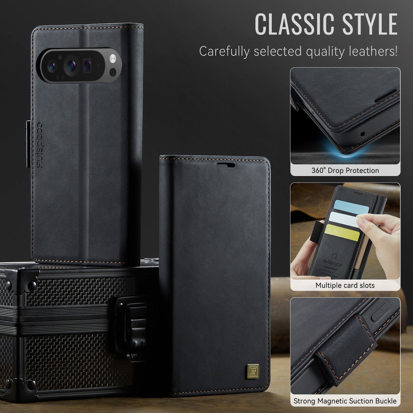 For Google Pixel 9 Pro XL Case AUTSPACE A11 RFID Blocking Retro Leather Cell Phone Wallet Cover - Black