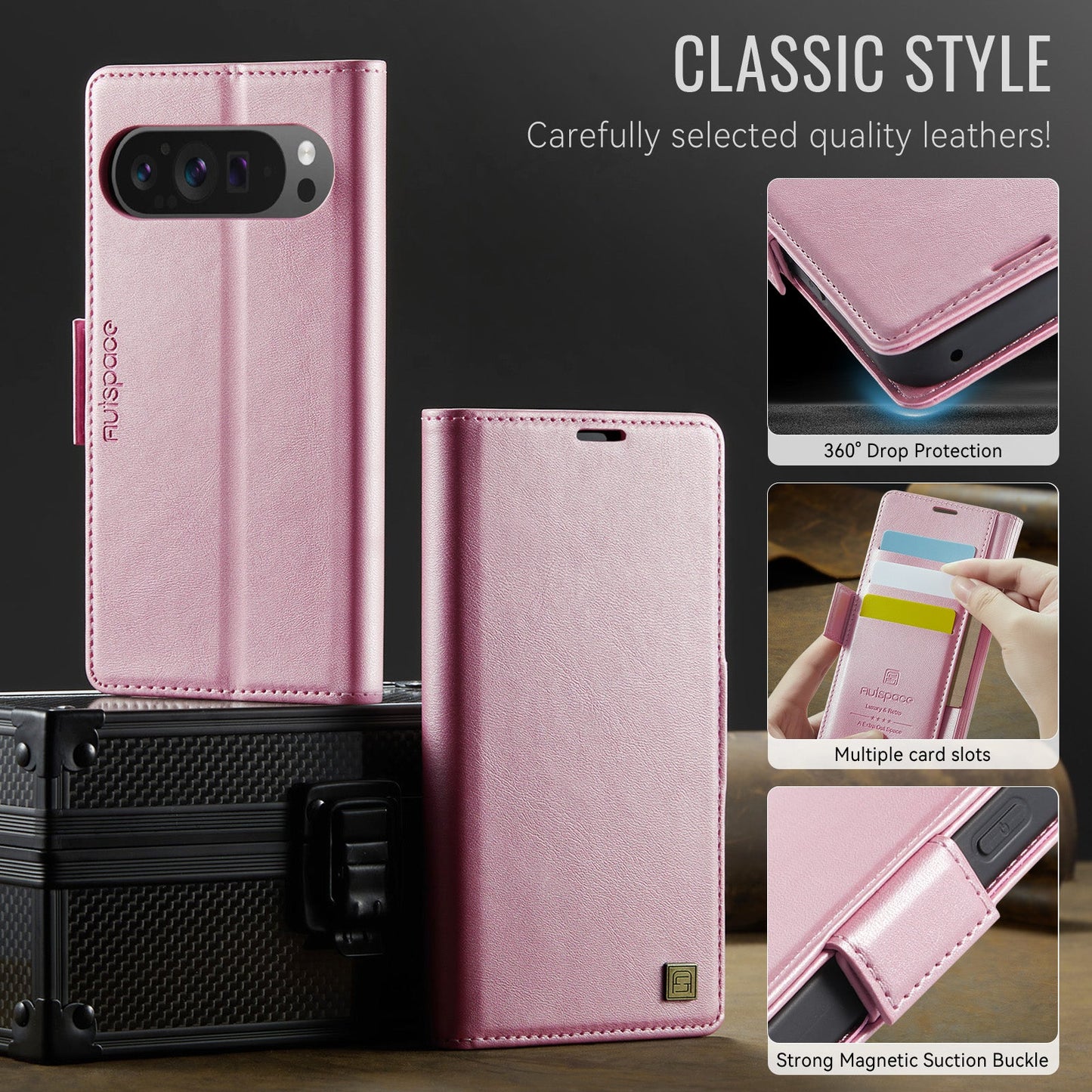 For Google Pixel 9 Pro XL Case AUTSPACE A11 RFID Blocking Retro Leather Cell Phone Wallet Cover - Pink