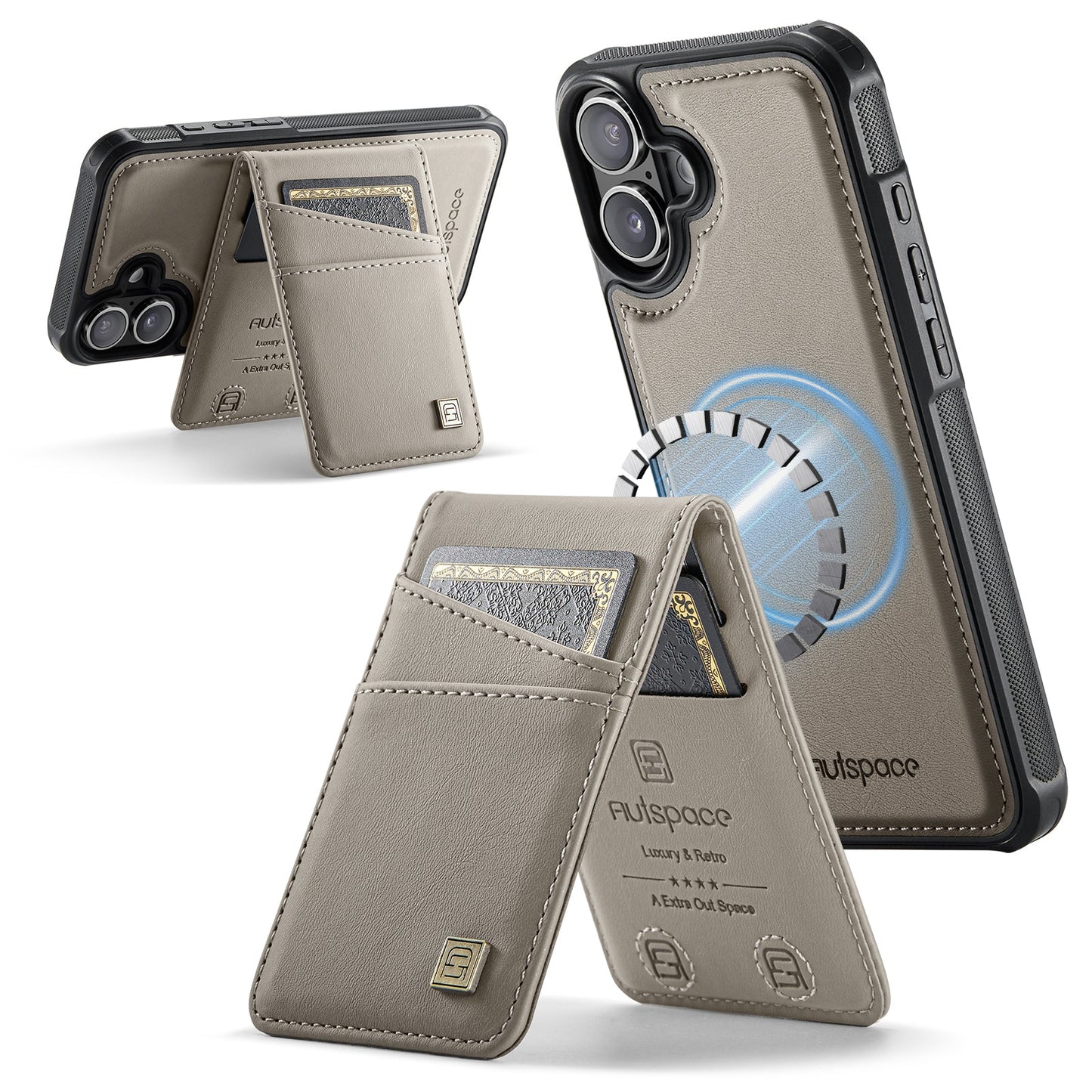 For iPhone 16 Case AUTSPACE A12 Leather Phone Case with Detachable Card Bag - Grey