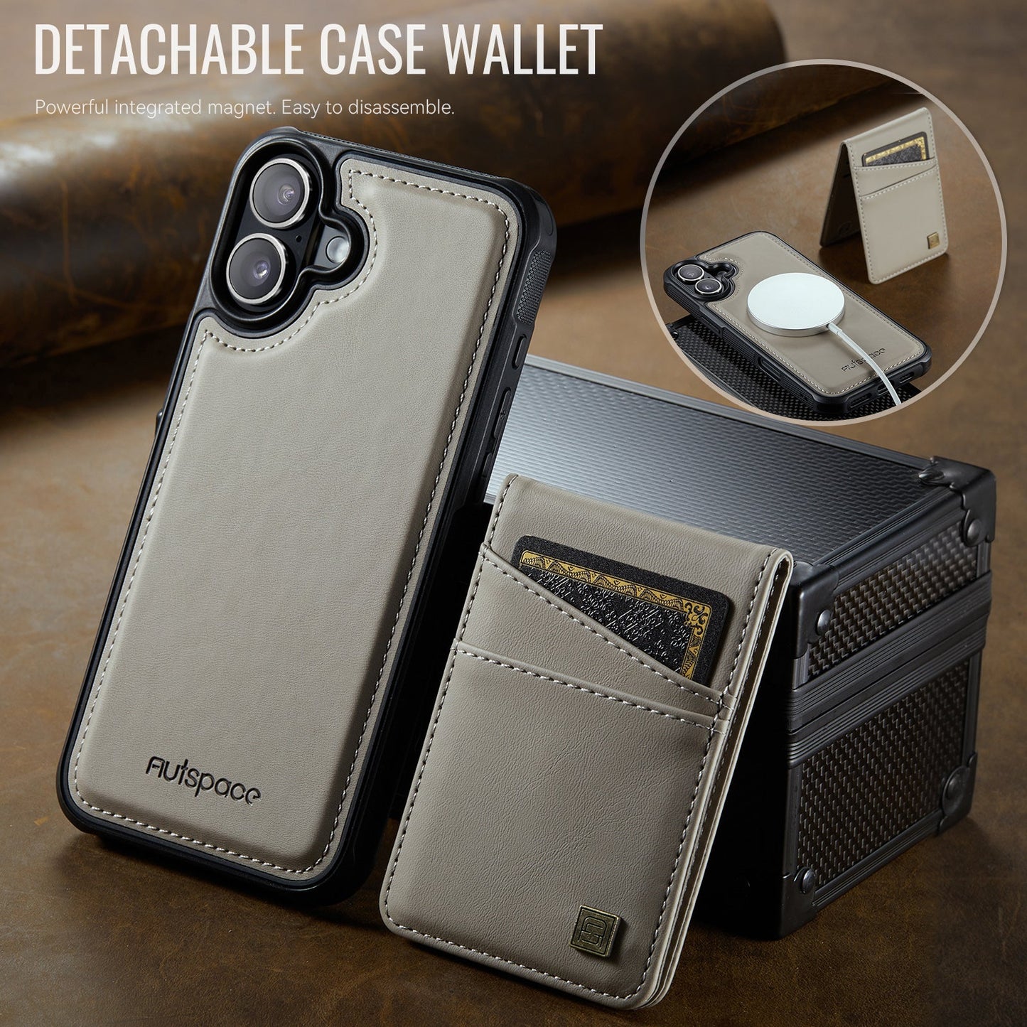 For iPhone 16 Case AUTSPACE A12 Leather Phone Case with Detachable Card Bag - Grey