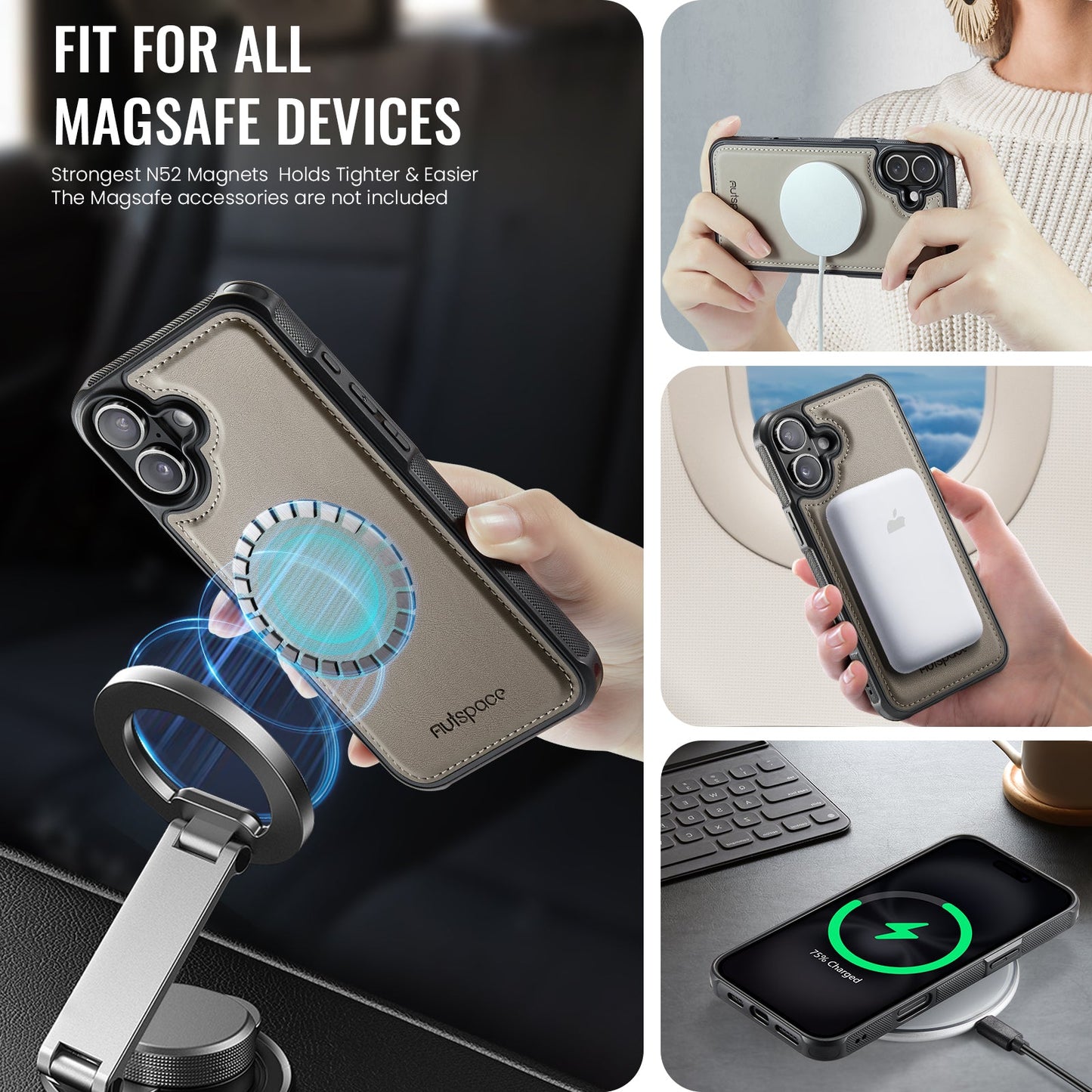 For iPhone 16 Case AUTSPACE A12 Leather Phone Case with Detachable Card Bag - Grey